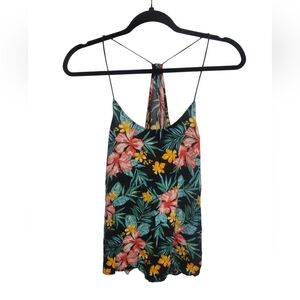 Floral Halter Top - Black with Red and Yellow Accents
